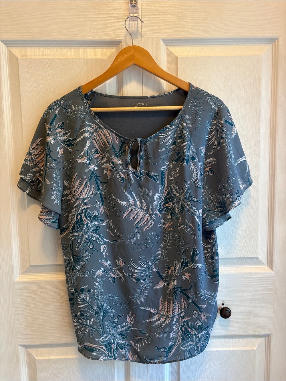 LOFT Slate Blue Botanical Short Sleeve Blouse